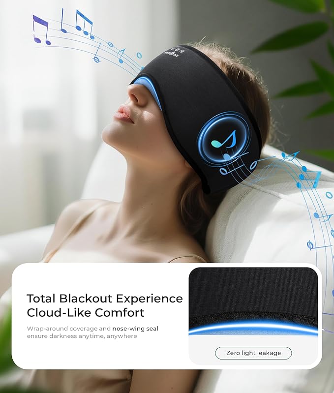 MUSICOZY Sleep Headphones Eye Mask Bluetooth 5.4, Bamboo Cotton Full Coverage Headphones Headband for Side Sleepers, Wireless Earphones with Speaker Sleep Music Earbuds for Men Women (Classic Black)