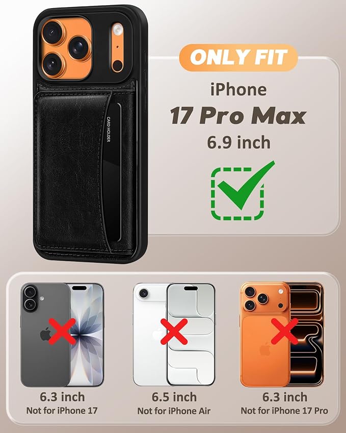 for iPhone 17 Pro Max Case with Wallet - Fits 4 Card Slots, Compatible with MagSafe for Women Men Durable PU Leather Credit Card Holder Kickstand Phone Cover for Apple 17 Promax, Black