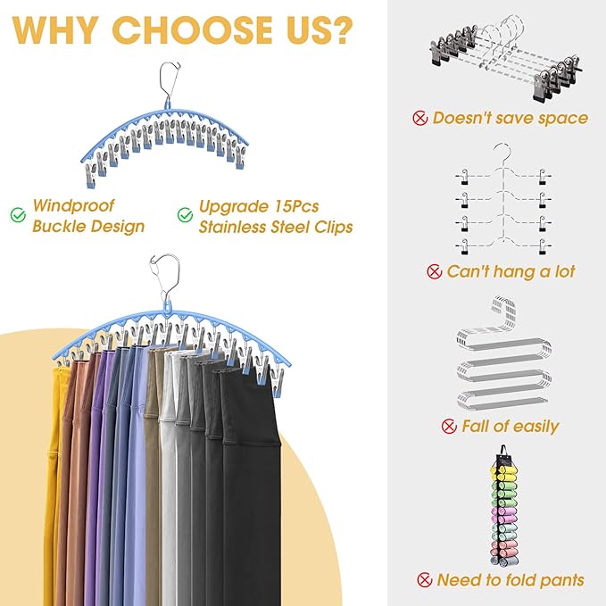Upgrade Skirt Pants Hangers with Clips, Metal Pants Legging Organizer for Closet Holds 30 Leggings/Shorts/Jeans/Skirts Pant Hangers Space Saving Hanging Closet Organizers Shorts Hanger, Blue 2Pack