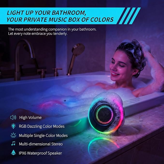 Portable Bluetooth Speaker with vibrant led lights, IPX6 Waterproof, Loud Stereo Sound,Hands-Free Calling/Radio, for Shower, Beach, Outdoors, Over 10 H Playtime, Mini/Small, Suction Cup & Hook