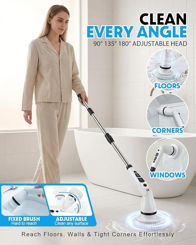 Electric Spin Scrubber, Shower Scrubber with Long Handle, 7 Brush Heads, 2-Speed Cordless Bathroom Cleaning Brush, 54in Extendable Electric Cleaning Brush for Tub, Tile, Floor & Kitchen