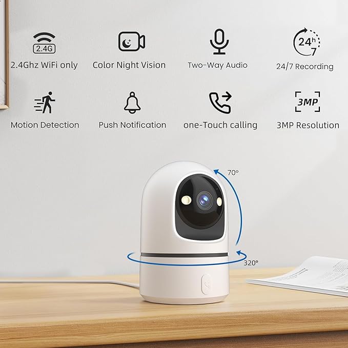 2K Indoor Security Camera, 360° WiFi Cameras for Home Security, Baby/Pet Camera with Phone App, One-Touch Call, Auto Tracking, IR Night Vision, Motion Detection, TF/Cloud Storage, 2.4Ghz WiFi