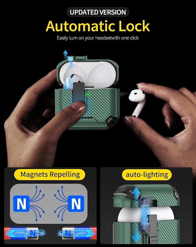 Compatible with AirPods 4 Case,Magnetic Automatic Lock with Phone Stand & Cleaning Kit,Compatible with Magsafe,Carbon Fiber Texture Cover -Green