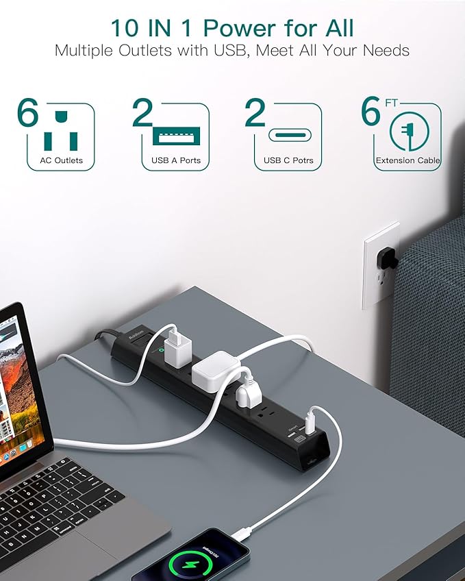 6Ft Power Strip Surge Protector - Addtam Extension Cord with 6 AC Outlets and 4 USB (2 USB-C) Ports, 1875W/15A, Wall Mount, Multi Plug Outlet Extender for Home Office College Dorm Room Essentials