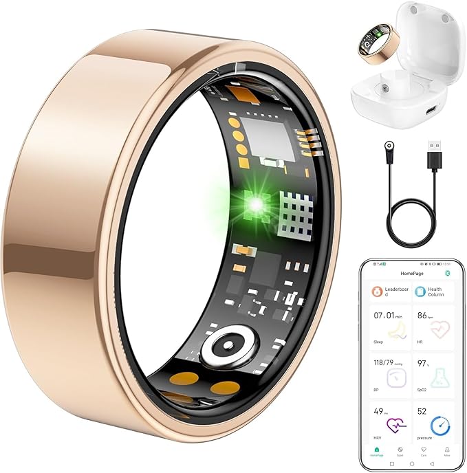 Ring Health Tracker for Women Men, Fit Ring with Heart Rate, Blood Oxygen, Sleep Monitor, Calories, Step Counter, IP68 Waterproof Smart Ring for iPhone & Android, No Subscription Fee (Rose Gold, 9#)