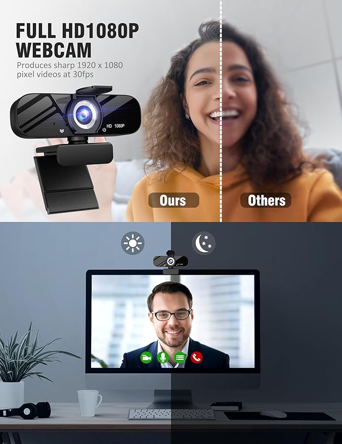USB HD Webcam with Built-in Microphone and Rotatable Tripod, 1080P Video, Wide Angle Camera, Privacy Cover, for Desktop PC or Laptop Computer（Black）