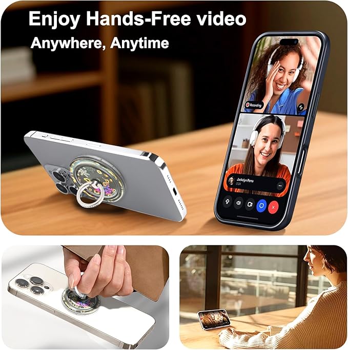 Transparent Magnetic Phone Grip Compatible with MagSafe Phone Ring Holder,360°Adjustable & Removable Silver Snowflake Diamond Laser Design Magnet Stand for Phones and Tablets