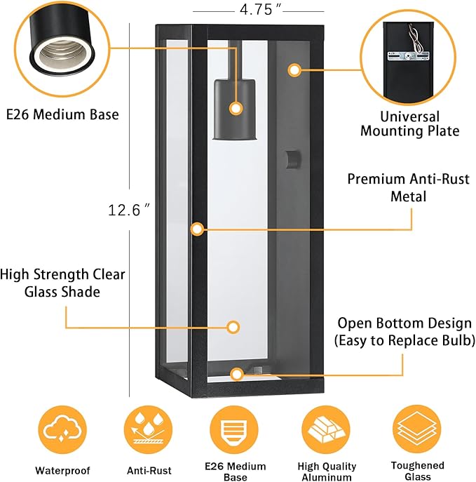 Black Exterior Lighting Fixtures 2Pack, 12.6'' Waterproof Outdoor Wall Sconce Porch Lights Exterior, Outdoor Coach Lights for Garage with Clear Glass Shade, Exterior Outside Lights for House