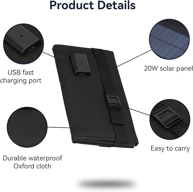 20W USB Foldable Solar Panel, Portable Solar Charger 20W Foldable Solar Panel with 5V USB for Smartphone, Tablet, Laptop, Camera Waterproof Solar Cells Charger for Outdoor Use