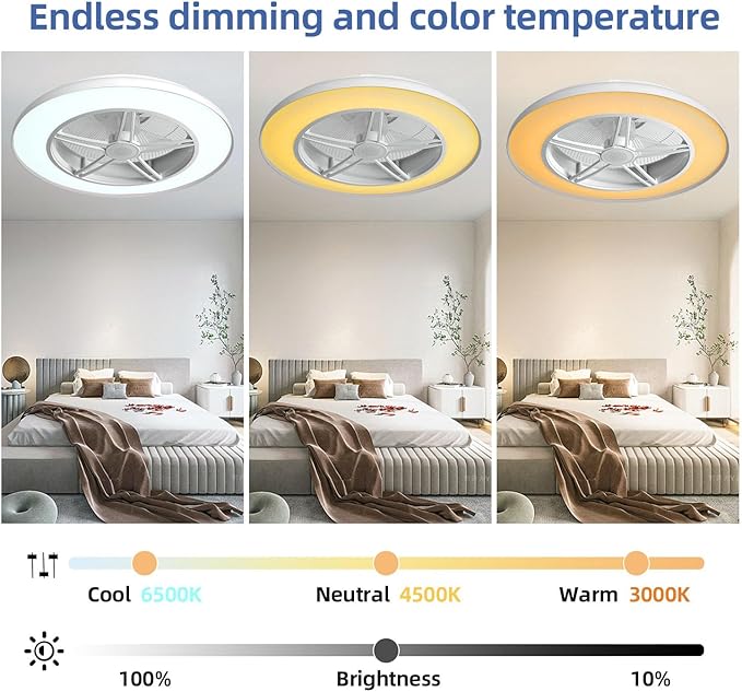BAYSQUIRREL Low Profile Ceiling Fan with Light and Remote/APP Control,Bluetooth Bladeless Ceiling Fan with Speaker,6 Speeds Reversible 3 Color LED Dimmable Flush Mount Ceiling Fans for Bedroom