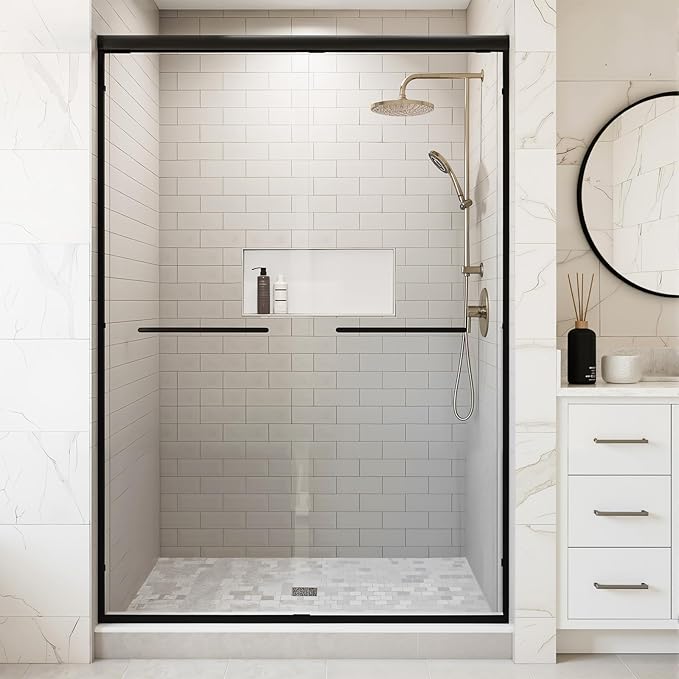 Glass Shower Door 44-48" W x 72" H Semi-Frameless Double Sliding Bathroom Shower Doors with 1/4 inch Clear Tempered Glass for Walk-in Shower, Matte Black