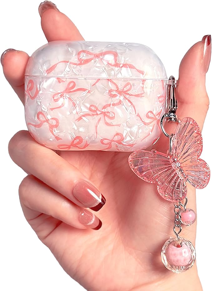 Compatible with AirPods Pro 3 Case Cute, Shell Pattern Shockproof Protective Cover for Girls Women with Butterfly Keychain Designed for AirPod Pro 3rd Generation(2025), Pink Bow