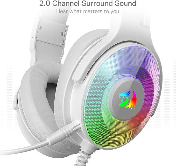 Redragon H350 White Wired Gaming Headset, Dynamic RGB Backlight - Stereo Surround-Sound - 50MM Drivers - Detachable Microphone, Over-Ear Headphones Works for PC/PS4/XBOX One/NS