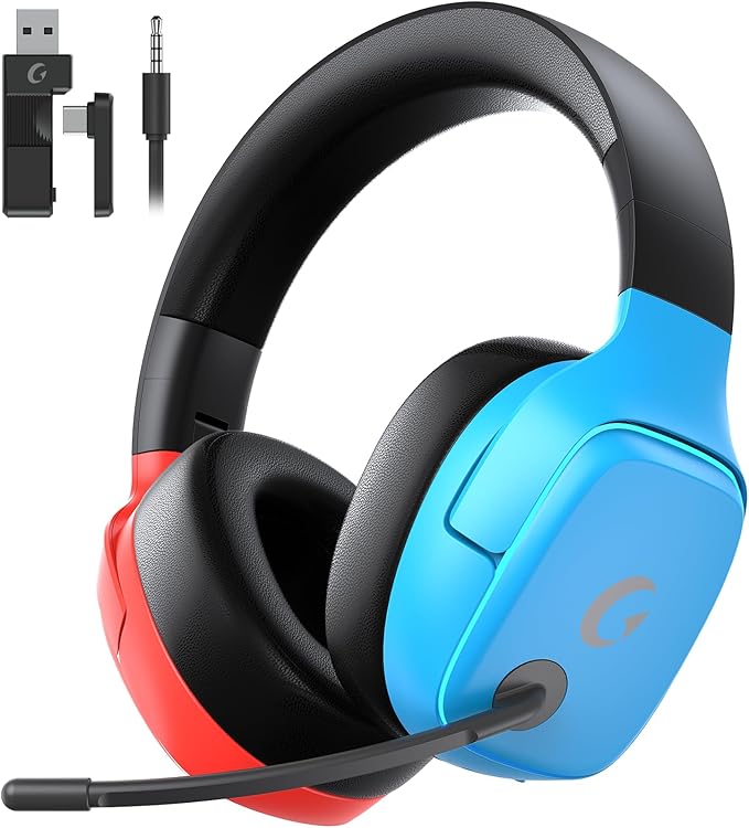 2.4GHz Wireless Gaming Headset for Switch/Lite/OLED - Bluetooth 5.3 Gaming Headphones with 7.1 Surround Sound for Fortnite, 50mm Speakers, 70H Battery, Blue Lighting - BlueRed
