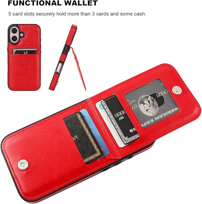 KIHUWEY Compatible with iPhone 16 Case Wallet with Credit Card Holder, Flip Premium Leather Magnetic Clasp Kickstand Heavy Duty Protective Cover for iPhone 16 6.1 Inch (Red)