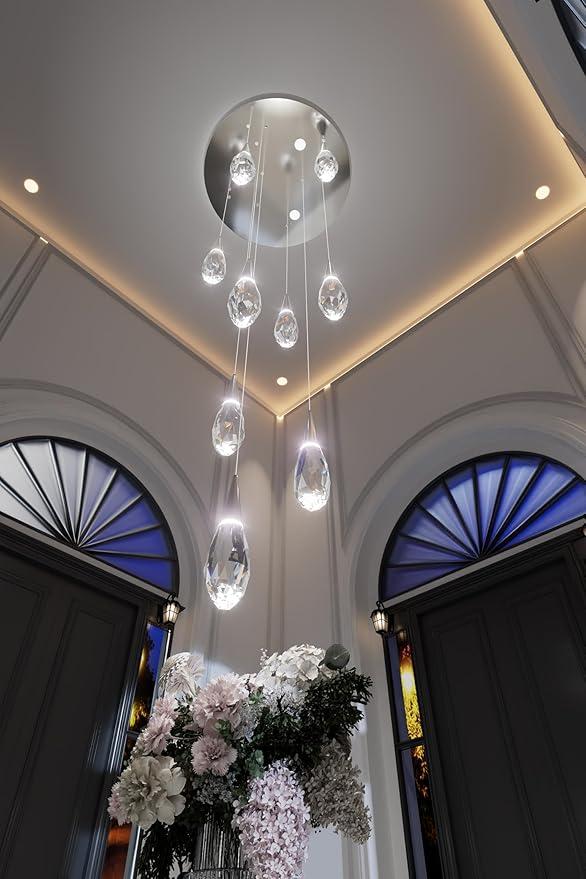 H98 Modern Chandelier for Stairway 9-Lights Crystal Raindrop Chandelier Chrome Pendant Light for Staircase Living Room Entryway LED Dimmable High Ceiling Chandeliers with Remote