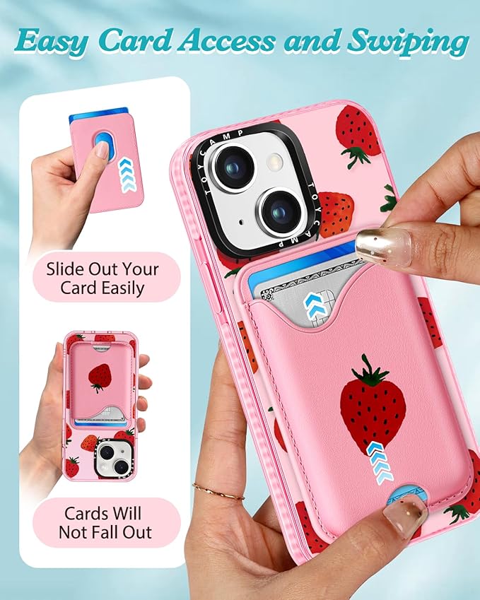 Toycamp for iPhone 15 Case - Compatible with Magsafe with Credit Card Holder Wallet Magnetic Cute Women Teen Girls Kawaii Girly Unique Strawberry Design Pretty Phone Cover for Apple 15 6.1"