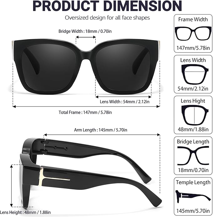 LVIOE 2 Pack Polarized Fit Over Sunglasses for Women Men Oversized Square Over Glasses Sunglasses with UV Protection LS7511