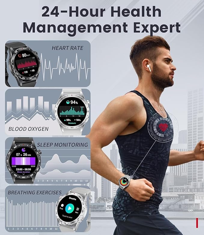 Smart Watch for Men (3 Straps),Answer/Make Calls,1.43'' AMOLED,IP68 Waterproof,110+ Sports Modes Fitness Watch with Sleep Monitor/SpO2/Heart Rate/Pedometer Rugged Smart watch for Android/iOS Silver