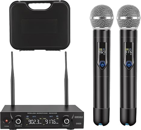 Wireless Microphone System with case, Metal UHF Dual Handheld 20 Channels Professional Cordless Mic System for Church, DJ, Karaoke,Wedding, Home KTV Set (Blue)