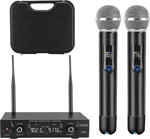 Wireless Microphone System with case, Metal UHF Dual Handheld 20 Channels Professional Cordless Mic System for Church, DJ, Karaoke,Wedding, Home KTV Set (Blue)