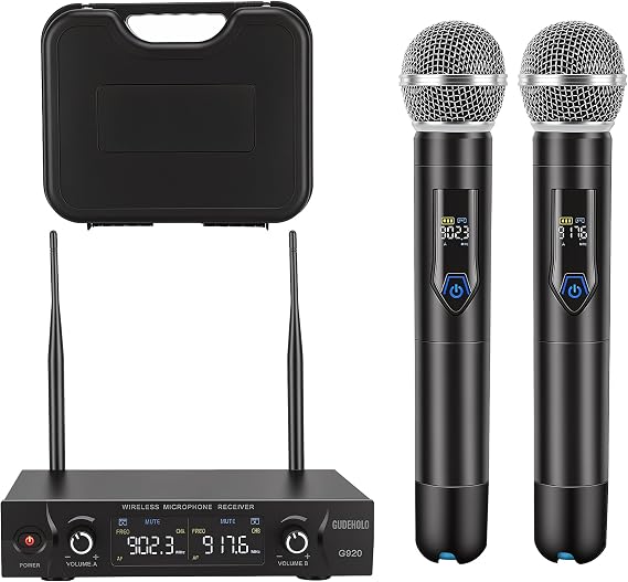 Wireless Microphone System with case, Metal UHF Dual Handheld 20 Channels Professional Cordless Mic System for Church, DJ, Karaoke,Wedding, Home KTV Set (Blue)