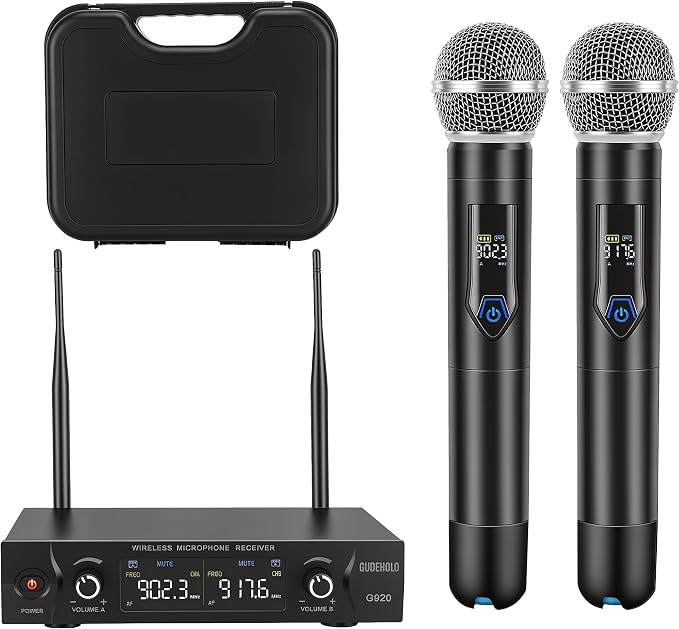 Wireless Microphone System with case, Metal UHF Dual Handheld 20 Channels Professional Cordless Mic System for Church, DJ, Karaoke,Wedding, Home KTV Set (Blue)