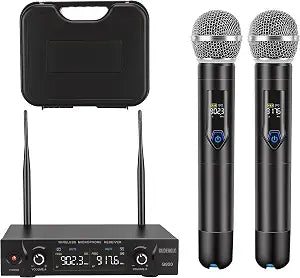 Wireless Microphone System with case, Metal UHF Dual Handheld 20 Channels Professional Cordless Mic System for Church, DJ, Karaoke,Wedding, Home KTV Set (Blue)