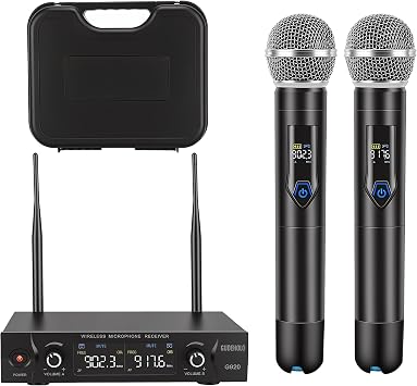 Wireless Microphone System with case, Metal UHF Dual Handheld 20 Channels Professional Cordless Mic System for Church, DJ, Karaoke,Wedding, Home KTV Set (Blue)