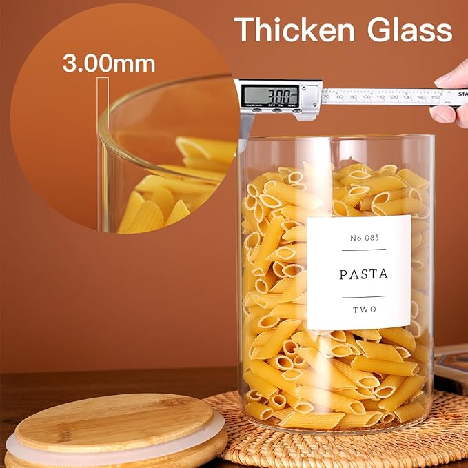 Set of 6 Glass Flour and Sugar jars with 132 Kitchen Pantry Labels - Thicken Large Glass Storage containers with Airtight Bamboo Lid - Rice Canisters for Salt Coffee - 100OZ/54OZ/27OZ
