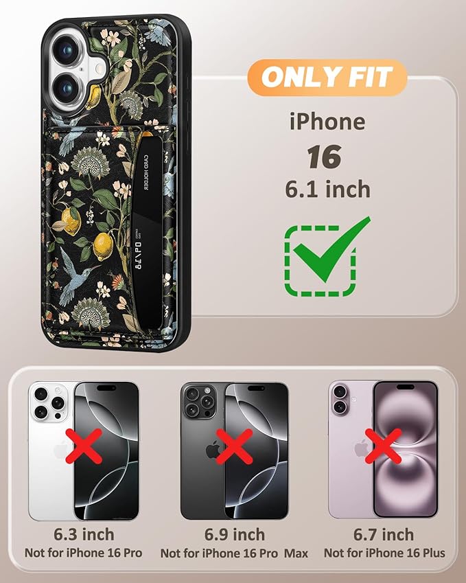 for iPhone 16 Wallet Case - Fits 4 Card Slots, Compatible with MagSafe for Women Aesthetic Durable PU Leather Credit Card Holder Kickstand Phone Cover for Apple 16, Lemon Bird