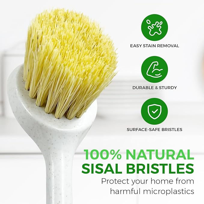 Bamboo Dish Scrubber Brush Set of 2-100% Plastic-Free Kitchen Brushes for Dishes Made from Wheat Straw with Sisal Bristles - Non Scratch, Odor Free Wood Scrub for Pots, Pans and Vegetables
