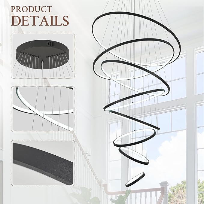 Modern LED Chandelier 8 Rings Dimmable Black High Ceiling Chandelier Foyer, Large LED Contemporary Pendant Lighting for Staircase Entryway Living Room, D35’’ 3000K-6500K