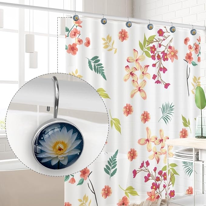 White Lotus Flower Floral Shower Curtain Hooks 12Pcs, Decorative Rust Resistant Shower Rings for Shower Curtain Rods, Stainless Steel Round Curtain Hooks for Bathroom, Bedroom, Farmhouse