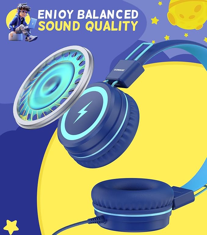 Kid Headphones for School, USB Type C Kids Headphone with LED Lights, Wired Boys Girls Headphones with Safe Limiter 85dB/94dB, Foldable On Ear Headphones with Microphones for Girls, Boys, iPad-Blue