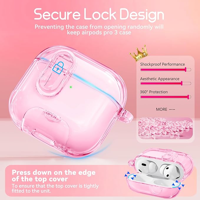 Clear Case for AirPods Pro 3 Case Cover with Safety Lock,Soft TPU Cover with Phone Stand & Cleaning Kit,Cute Bling Keychain for Women Girls-Clear Pink
