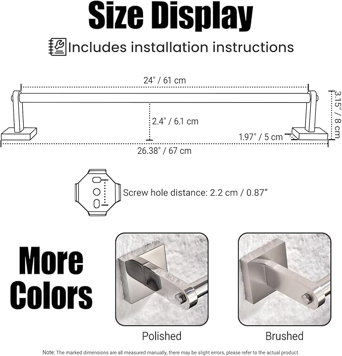 Miyili 24-Inch Single Towel Bar, Wall Mounted SUS 304 Stainless Steel Bathroom Towel Holder with Matte Black Finish, Total Length 26.38-Inch