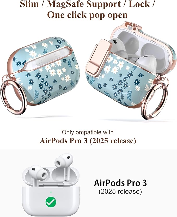 TATOFY for AirPods Pro 3rd (2025) Generation Case with Lock Carabiner Cleaner, Slim AirPod Pro 3 Hard Case Cover, Compatible with MagSafe (Cyan)
