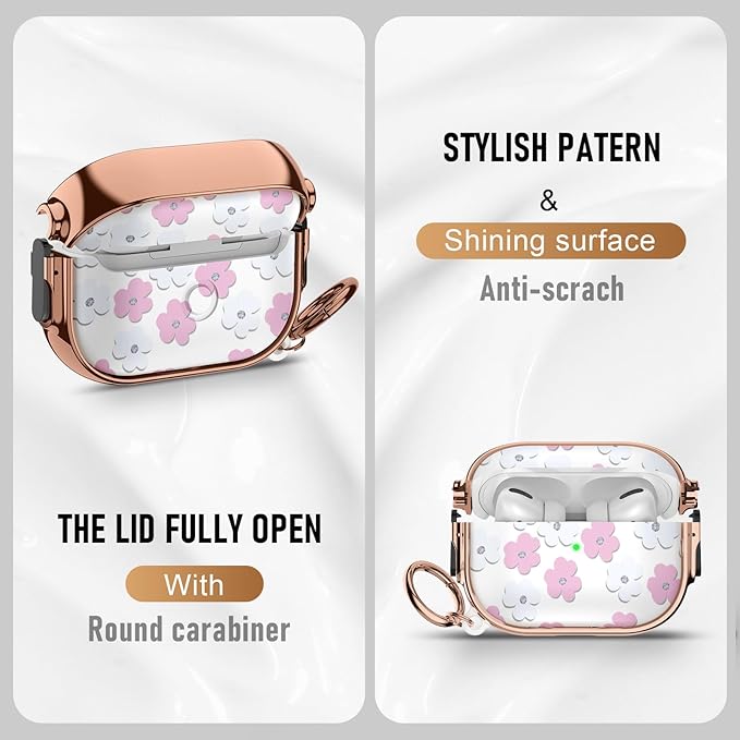 Maxjoy for Cute Airpods Pro 2 case with Safety Lock,Compatible Airpods Pro Case 2nd/1st Gen,for Pink and White Flowers AirPods Case Coverfor Women Girly with Keychain-Transparent