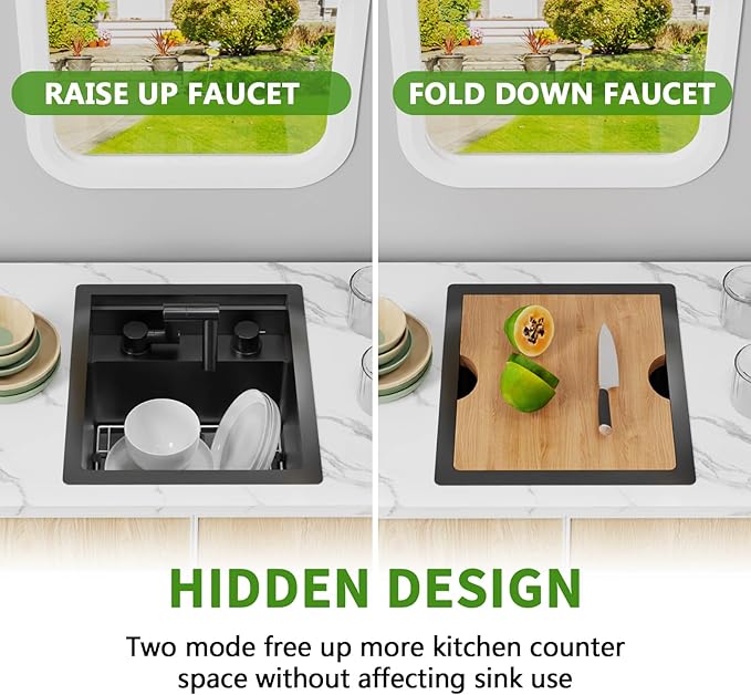 Black RV Kitchen Sink, 13x15In Stainless Steel Undermount Single Bowl Space-Saving Workstation Kitchen&Bar Sink Come With Foldable Faucet,Cutting Board,SS Grid Nice For RV,Tiny Home,Small Bar