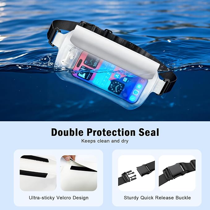 Waterproof Waist Bag, Passport Wallet Tote, IPX8 Waterproof Rating, Underwater-Use Phone Pouch, TUP Dry Bag, Ideal for Diving, Swimming, Kayaking (1 black and 1 white)
