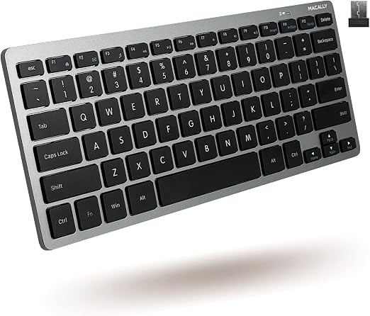 Macally Small Wireless Keyboard | Mini Keyboard for PC - Slim, Quiet & Portable for Laptop, Desktop PC, Surface, Chromebook - Space Gray
