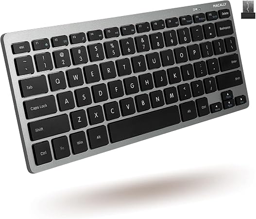 Macally Small Wireless Keyboard | Mini Keyboard for PC - Slim, Quiet & Portable for Laptop, Desktop PC, Surface, Chromebook - Space Gray