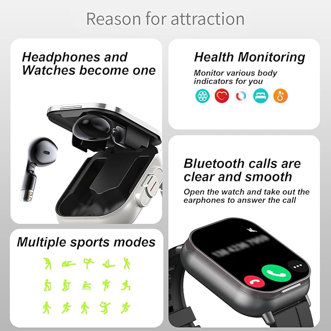 Denash Smart Watch with Earbuds, 2.01" HD Screen Fitness Watch, 2 in 1 Smartwatch with 100+ Sport Modes Fitness Tracker, Sleep/Heart Rate/Blood Pressure Monitor Pedometer for iOS & Androd, Black