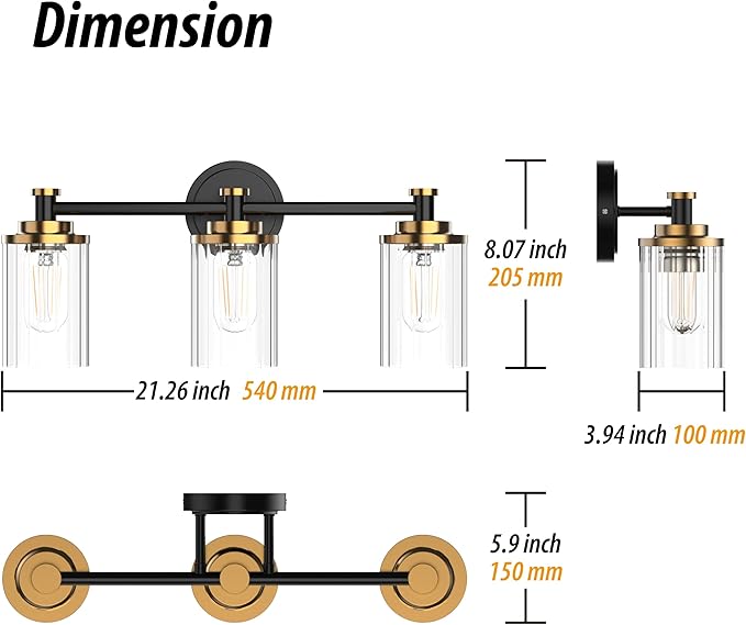 Bathroom Lighting Fixtures Black and Gold Bathroom Vanity Light with Cylindrical Clear Stripes Glass Lampshade E26 Socket Base Bathroom Lighting Fixtures Over Mirror (3 Lights)