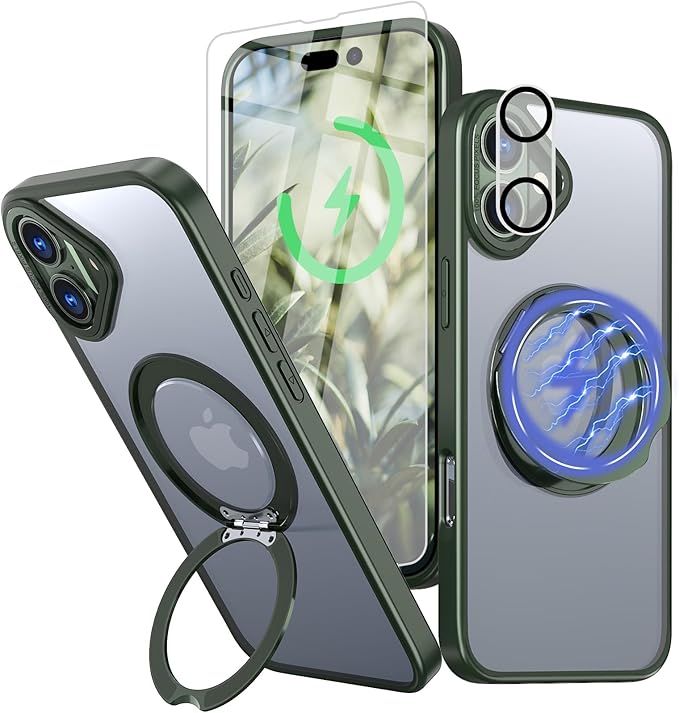for iPhone 16 Case with Screen Protector & Lens Protector [15 FT Military Drop Protection] Magnetic Kickstand Compatible with MagSafe Slim Translucent Case (Deep Green)