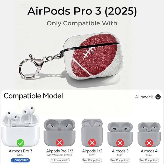 for Leather AirPods Pro 3 Case 2025 (A2700/A2931) - Sport Ball Shape, with Lock, Skin Accessory - Charging Case Cover for Men Women, Rugby