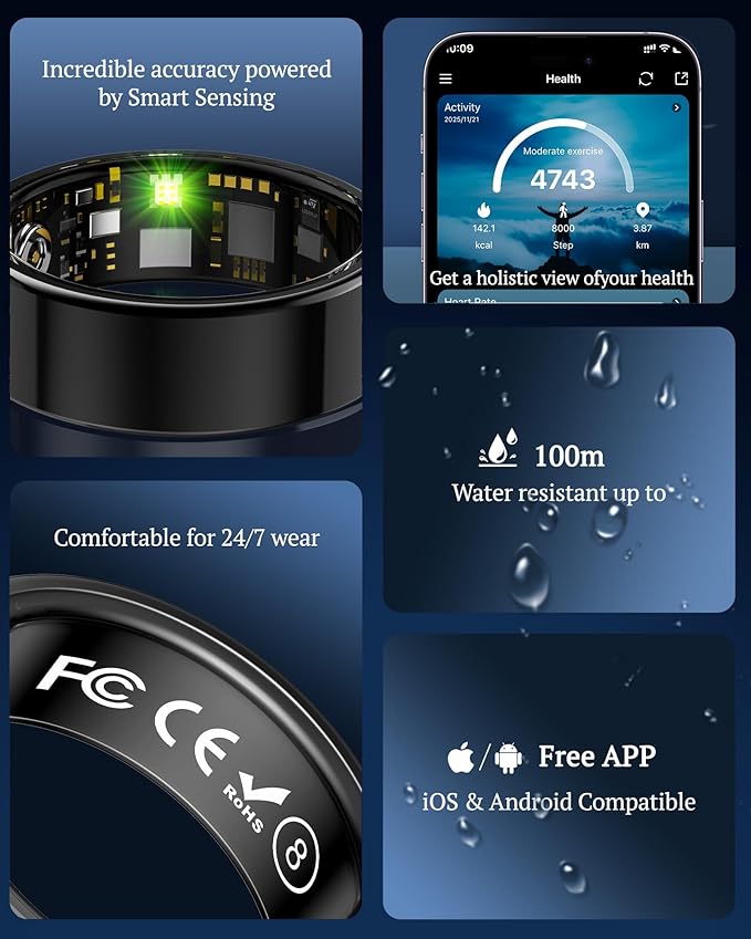 Smart Ring for Women & Men with Display, Health Ring with Heart Rate, Sleep Monitor, IP68 Waterproof Fitness Ring, Fitness Tracker Ring, No APP Fee for iPhone and Android (Black, 9#)