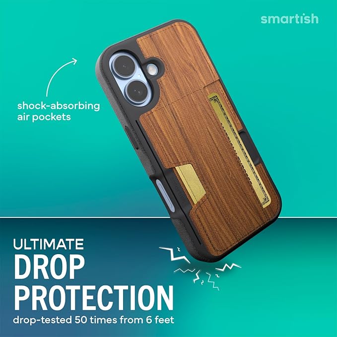 Smartish® iPhone 17 Wallet Case - Wallet Slayer Vol. 2 [Slim + Protective] Credit Card Holder w/Kickstand - Drop Tested Hidden Card Slot Cover for Apple iPhone 17 - Walnut Woods
