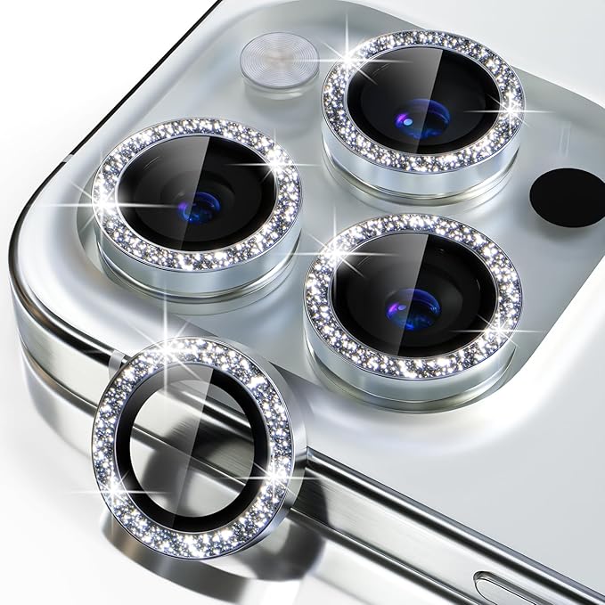 Misea Compatible for iPhone 15 Pro/iPhone 15 Pro Max Camera Lens Protector Bling, 9H Tempered Glass Camera Cover Screen Protector Metal Individual Ring Protector Decoration Accessories, Silver Glitter